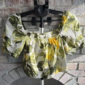 H&M Leaf & Lemon Print Puff Sleeve Top